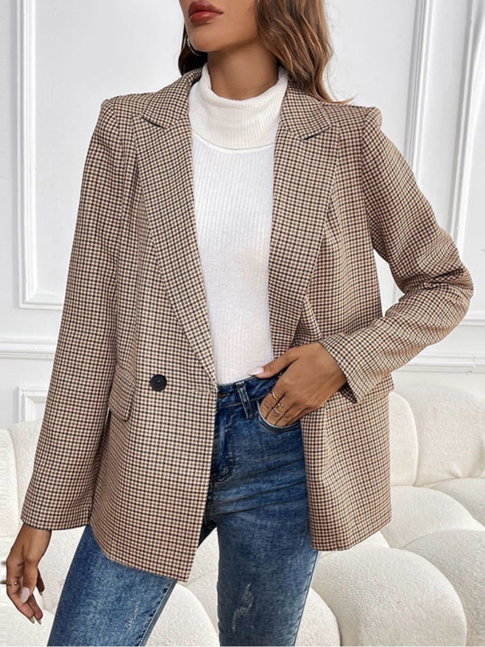Houndstooth Single-Button Blazer Jacket - Mod Ref